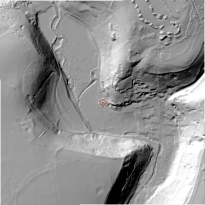 Shaded relief map of the ground around SN147HR, computed from Environment Agency LiDAR. The ground here sits at about 79 m above sea level and falls 58 m across the surrounding 800 m. Surface water reaching this point runs off ground lying to the north-east, 24.2 m higher.