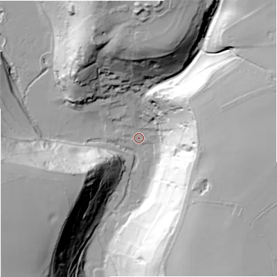 Shaded relief map of the ground around SN147HU, computed from Environment Agency LiDAR. The ground here sits at about 77 m above sea level and falls 63 m across the surrounding 800 m. Surface water reaching this point runs off ground lying to the south-east, 60.9 m higher.