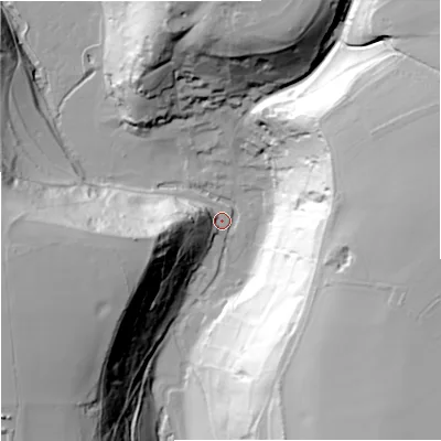 Shaded relief map of the ground around SN147HX, computed from Environment Agency LiDAR. The ground here sits at about 77 m above sea level and falls 65 m across the surrounding 800 m. Surface water reaching this point runs off ground lying to the west-south-west, 30.5 m higher.