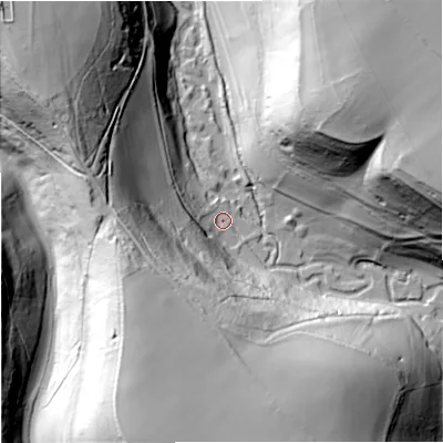 Shaded relief map of the ground around SN147HZ, computed from Environment Agency LiDAR. The ground here sits at about 72 m above sea level and falls 67 m across the surrounding 800 m. Surface water reaching this point runs off ground lying to the south-west, 46.8 m higher.