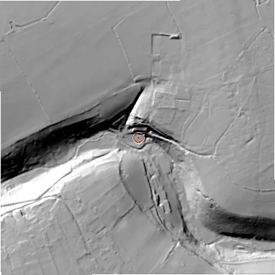 Shaded relief map of the ground around SN147JE, computed from Environment Agency LiDAR. The ground here sits at about 102 m above sea level and falls 43 m across the surrounding 800 m. Surface water reaching this point runs off ground lying to the north-east, 28.5 m higher.