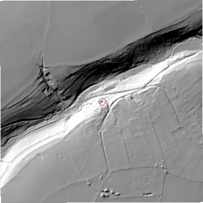 Shaded relief map of the ground around SN147JQ, computed from Environment Agency LiDAR. The ground here sits at about 120 m above sea level and falls 39 m across the surrounding 800 m. Surface water reaching this point runs off ground lying to the south-south-west, 29.5 m higher.