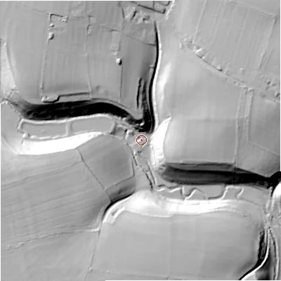 Shaded relief map of the ground around SN147LL, computed from Environment Agency LiDAR. The ground here sits at about 94 m above sea level and falls 39 m across the surrounding 800 m. Surface water reaching this point runs off ground lying to the north-north-west, 34.4 m higher.