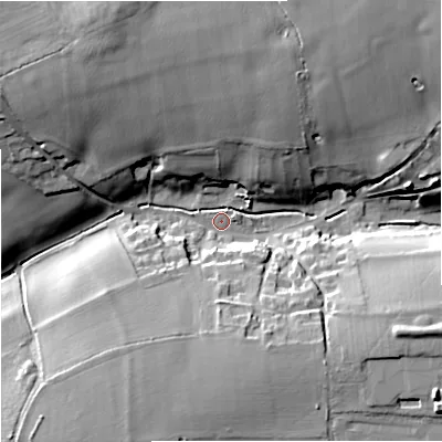 Shaded relief map of the ground around SN147LT, computed from Environment Agency LiDAR. The ground here sits at about 113 m above sea level and falls 25 m across the surrounding 800 m. Surface water reaching this point runs off ground lying to the west-north-west, 22.4 m higher.