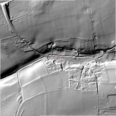 Shaded relief map of the ground around SN147LU, computed from Environment Agency LiDAR. The ground here sits at about 113 m above sea level and falls 30 m across the surrounding 800 m. Surface water reaching this point runs off ground lying to the north-west, 26.8 m higher.