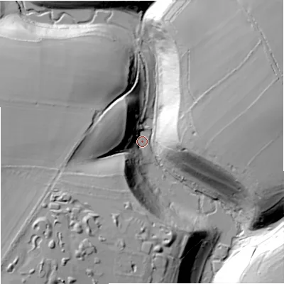 Shaded relief map of the ground around SN147NH, computed from Environment Agency LiDAR. The ground here sits at about 88 m above sea level and falls 43 m across the surrounding 800 m. Surface water reaching this point runs off ground lying to the east-north-east, 39.1 m higher.