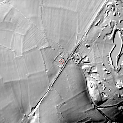 Shaded relief map of the ground around SN147NJ, computed from Environment Agency LiDAR. The ground here sits at about 120 m above sea level and falls 42 m across the surrounding 800 m. Surface water reaching this point runs off ground lying to the west, 5.8 m higher.