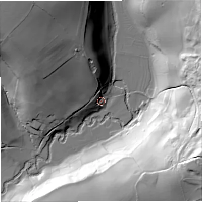 Shaded relief map of the ground around SN148EN, computed from Environment Agency LiDAR. The ground here sits at about 43 m above sea level and falls 87 m across the surrounding 800 m. Surface water reaching this point runs off ground lying to the north-north-west, 31.5 m higher.