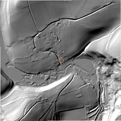 Shaded relief map of the ground around SN148RG, computed from Environment Agency LiDAR. The ground here sits at about 58 m above sea level and falls 67 m across the surrounding 800 m. Surface water reaching this point runs off ground lying to the north-east, 49.2 m higher.