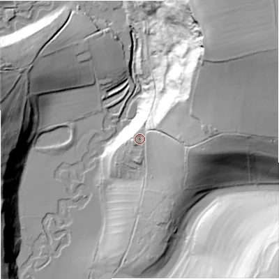 Shaded relief map of the ground around SN148RJ, computed from Environment Agency LiDAR. The ground here sits at about 72 m above sea level and falls 81 m across the surrounding 800 m. Surface water reaching this point runs off ground lying to the east, 17.7 m higher.