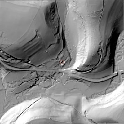 Shaded relief map of the ground around SN148RN, computed from Environment Agency LiDAR. The ground here sits at about 66 m above sea level and falls 63 m across the surrounding 800 m. Surface water reaching this point runs off ground lying to the north-west, 53.6 m higher.