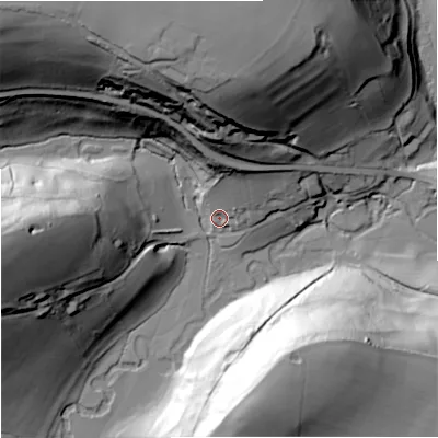 Shaded relief map of the ground around SN148RR, computed from Environment Agency LiDAR. The ground here sits at about 62 m above sea level and falls 66 m across the surrounding 800 m. Surface water reaching this point runs off ground lying to the north-west, 61.4 m higher.