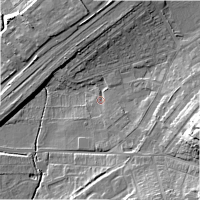 Shaded relief map of the ground around SN14AP, computed from Environment Agency LiDAR. The ground here sits at about 95 m above sea level and falls 23 m across the surrounding 800 m. Surface water reaching this point runs off ground lying to the south-south-east, 2.6 m higher.