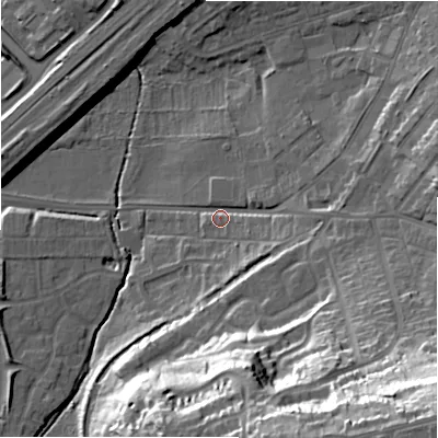 Shaded relief map of the ground around SN14NQ, computed from Environment Agency LiDAR. The ground here sits at about 97 m above sea level and falls 45 m across the surrounding 800 m. Surface water reaching this point runs off ground lying to the south-south-east, 40.1 m higher.