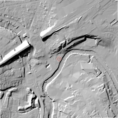 Shaded relief map of the ground around SN151EE, computed from Environment Agency LiDAR. The ground here sits at about 46 m above sea level and falls 23 m across the surrounding 800 m. Surface water reaching this point runs off ground lying to the north-north-east, 17.0 m higher.