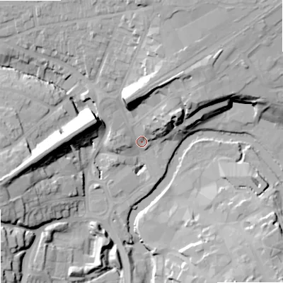Shaded relief map of the ground around SN151EJ, computed from Environment Agency LiDAR. The ground here sits at about 47 m above sea level and falls 23 m across the surrounding 800 m. Surface water reaching this point runs off ground lying to the north-north-east, 16.5 m higher.
