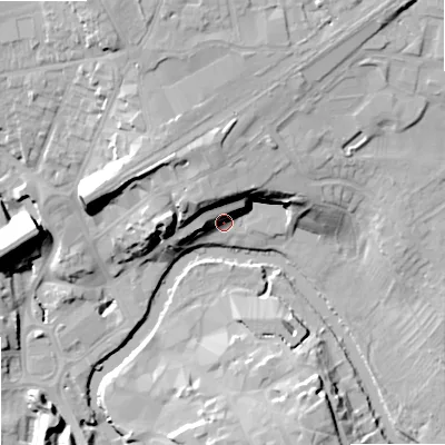 Shaded relief map of the ground around SN151ER, computed from Environment Agency LiDAR. The ground here sits at about 49 m above sea level and falls 25 m across the surrounding 800 m. Surface water reaching this point runs off ground lying to the north, 16.7 m higher.