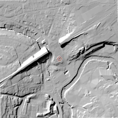 Shaded relief map of the ground around SN151ES, computed from Environment Agency LiDAR. The ground here sits at about 49 m above sea level and falls 25 m across the surrounding 800 m. Surface water reaching this point runs off ground lying to the north-east, 14.4 m higher.