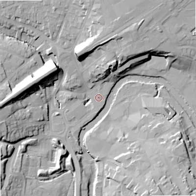 Shaded relief map of the ground around SN151EX, computed from Environment Agency LiDAR. The ground here sits at about 46 m above sea level and falls 23 m across the surrounding 800 m. Surface water reaching this point runs off ground lying to the north-north-east, 14.9 m higher.