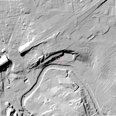Shaded relief map of the ground around SN151GH, computed from Environment Agency LiDAR. The ground here sits at about 47 m above sea level and falls 25 m across the surrounding 800 m. Surface water reaching this point runs off ground lying to the north, 16.7 m higher.