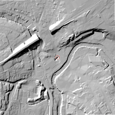 Shaded relief map of the ground around SN151HA, computed from Environment Agency LiDAR. The ground here sits at about 44 m above sea level and falls 24 m across the surrounding 800 m. Surface water reaching this point runs off ground lying to the north-north-east, 20.1 m higher.