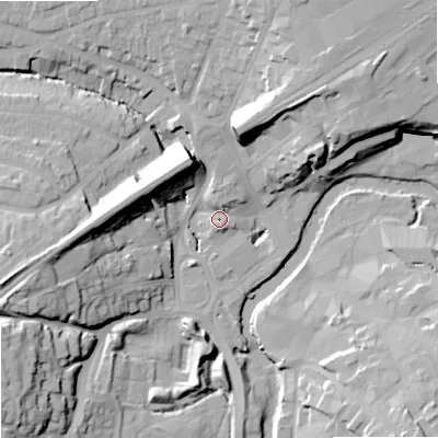 Shaded relief map of the ground around SN151HB, computed from Environment Agency LiDAR. The ground here sits at about 47 m above sea level and falls 26 m across the surrounding 800 m. Surface water reaching this point runs off ground lying to the north, 3.8 m higher.