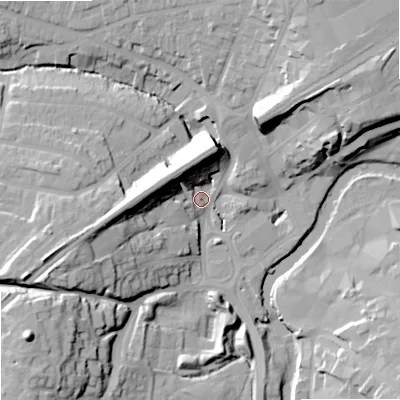 Shaded relief map of the ground around SN151HD, computed from Environment Agency LiDAR. The ground here sits at about 46 m above sea level and falls 32 m across the surrounding 800 m. Surface water reaching this point runs off ground lying to the north-east, 17.2 m higher.