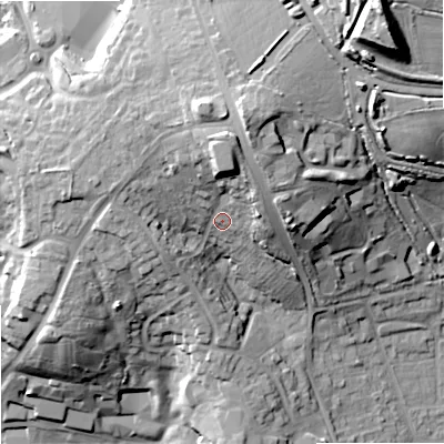 Shaded relief map of the ground around SN151PH, computed from Environment Agency LiDAR. The ground here sits at about 94 m above sea level and falls 34 m across the surrounding 800 m. Surface water reaching this point runs off ground lying to the north, 13.1 m higher.
