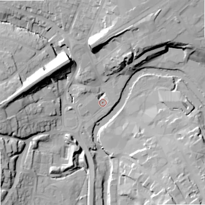 Shaded relief map of the ground around SN152AB, computed from Environment Agency LiDAR. The ground here sits at about 45 m above sea level and falls 24 m across the surrounding 800 m. Surface water reaching this point runs off ground lying to the north-north-east, 20.1 m higher.