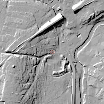 Shaded relief map of the ground around SN152AD, computed from Environment Agency LiDAR. The ground here sits at about 48 m above sea level and falls 32 m across the surrounding 800 m. Surface water reaching this point runs off ground lying to the west-south-west, 26.1 m higher.