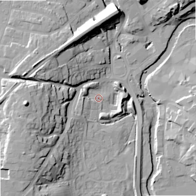 Shaded relief map of the ground around SN152AE, computed from Environment Agency LiDAR. The ground here sits at about 46 m above sea level and falls 32 m across the surrounding 800 m. Surface water reaching this point runs off ground lying to the south-west, 5.5 m higher.