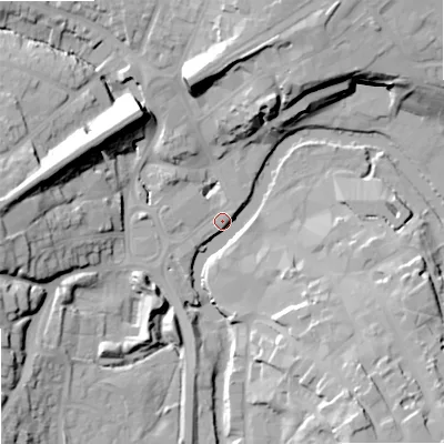 Shaded relief map of the ground around SN152BB, computed from Environment Agency LiDAR. The ground here sits at about 45 m above sea level and falls 23 m across the surrounding 800 m. Surface water reaching this point runs off ground lying to the west, 21.7 m higher.