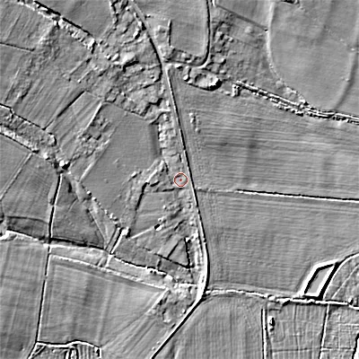 Shaded relief map of the ground around SN152DJ, computed from Environment Agency LiDAR. The ground here sits at about 73 m above sea level and falls 19 m across the surrounding 800 m. Surface water reaching this point runs off ground lying to the north-west, 11.0 m higher.