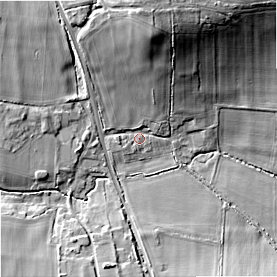 Shaded relief map of the ground around SN152JU, computed from Environment Agency LiDAR. The ground here sits at about 49 m above sea level and falls 25 m across the surrounding 800 m. Surface water reaching this point runs off ground lying to the north, 19.9 m higher.