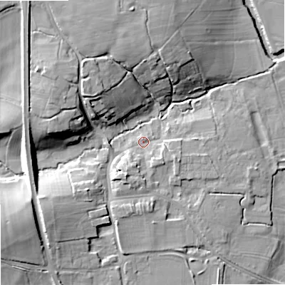 Shaded relief map of the ground around SN152LB, computed from Environment Agency LiDAR. The ground here sits at about 42 m above sea level and falls 19 m across the surrounding 800 m. Surface water reaching this point runs off ground lying to the south-south-west, 5.8 m higher.