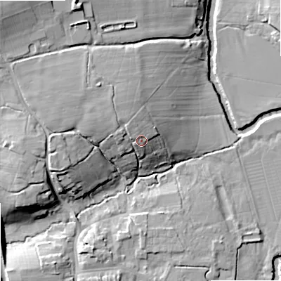 Shaded relief map of the ground around SN152LD, computed from Environment Agency LiDAR. The ground here sits at about 50 m above sea level and falls 25 m across the surrounding 800 m. Surface water reaching this point runs off ground lying to the north-west, 2.2 m higher.