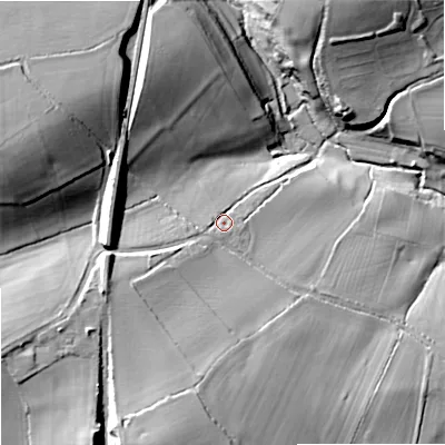 Shaded relief map of the ground around SN152LT, computed from Environment Agency LiDAR. The ground here sits at about 53 m above sea level and falls 32 m across the surrounding 800 m. Surface water reaching this point runs off ground lying to the west-south-west, 2.7 m higher.