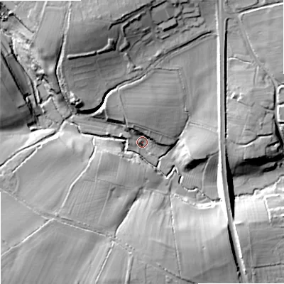 Shaded relief map of the ground around SN152LY, computed from Environment Agency LiDAR. The ground here sits at about 43 m above sea level and falls 25 m across the surrounding 800 m. Surface water reaching this point runs off ground lying to the north-north-west, 24.2 m higher.
