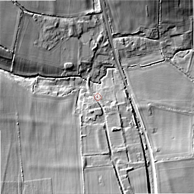 Shaded relief map of the ground around SN152NF, computed from Environment Agency LiDAR. The ground here sits at about 52 m above sea level and falls 15 m across the surrounding 800 m. Surface water reaching this point runs off ground lying to the south, 9.6 m higher.