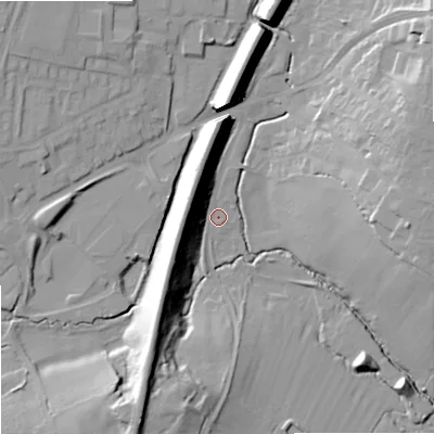 Shaded relief map of the ground around SN152NR, computed from Environment Agency LiDAR. The ground here sits at about 48 m above sea level and falls 23 m across the surrounding 800 m. Surface water reaching this point runs off ground lying to the south-south-west, 18.9 m higher.