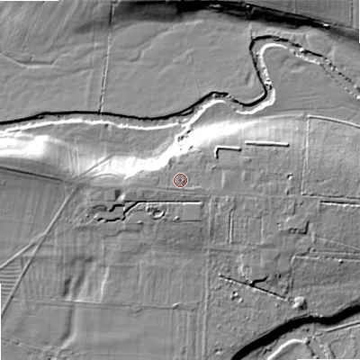Shaded relief map of the ground around SN152NZ, computed from Environment Agency LiDAR. The ground here sits at about 48 m above sea level and falls 11 m across the surrounding 800 m. Surface water reaching this point runs off ground lying to the south-west, 0.7 m higher.
