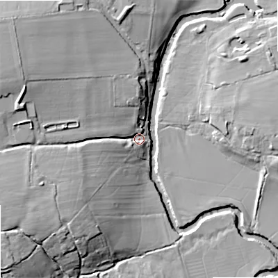 Shaded relief map of the ground around SN152PD, computed from Environment Agency LiDAR. The ground here sits at about 40 m above sea level and falls 22 m across the surrounding 800 m. Surface water reaching this point runs off ground lying to the west-north-west, 17.9 m higher.