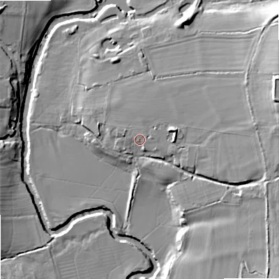 Shaded relief map of the ground around SN152PF, computed from Environment Agency LiDAR. The ground here sits at about 43 m above sea level and falls 18 m across the surrounding 800 m. Surface water reaching this point runs off ground lying to the north-east, 1.0 m higher.