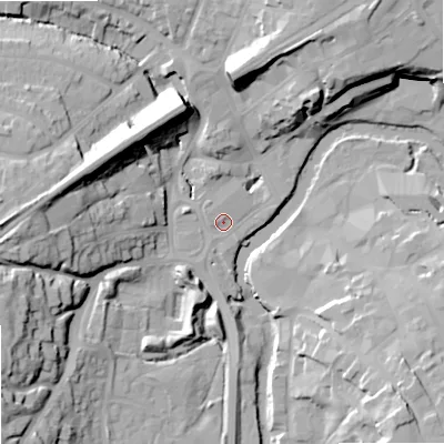 Shaded relief map of the ground around SN152SA, computed from Environment Agency LiDAR. The ground here sits at about 45 m above sea level and falls 26 m across the surrounding 800 m. Surface water reaching this point runs off ground lying to the north, 3.4 m higher.