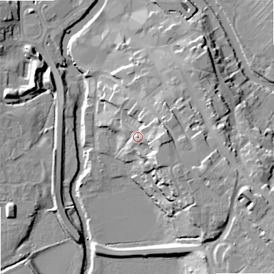 Shaded relief map of the ground around SN153BN, computed from Environment Agency LiDAR. The ground here sits at about 54 m above sea level and falls 25 m across the surrounding 800 m. Surface water reaching this point runs off ground lying to the east, 8.6 m higher.