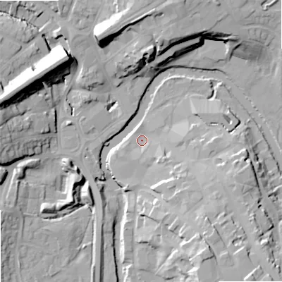 Shaded relief map of the ground around SN153EP, computed from Environment Agency LiDAR. The ground here sits at about 45 m above sea level and falls 23 m across the surrounding 800 m. Surface water reaching this point runs off ground lying to the south-east, 17.1 m higher.