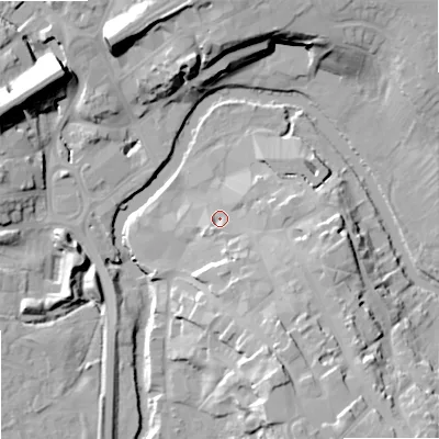 Shaded relief map of the ground around SN153ER, computed from Environment Agency LiDAR. The ground here sits at about 47 m above sea level and falls 22 m across the surrounding 800 m. Surface water reaching this point runs off ground lying to the south-east, 15.0 m higher.
