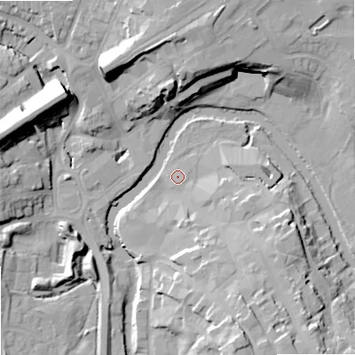 Shaded relief map of the ground around SN153EY, computed from Environment Agency LiDAR. The ground here sits at about 45 m above sea level and falls 23 m across the surrounding 800 m. Surface water reaching this point runs off ground lying to the east-south-east, 4.2 m higher.