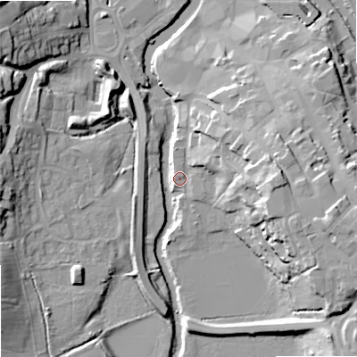 Shaded relief map of the ground around SN153GU, computed from Environment Agency LiDAR. The ground here sits at about 45 m above sea level and falls 24 m across the surrounding 800 m. Surface water reaching this point runs off ground lying to the east-south-east, 21.3 m higher.