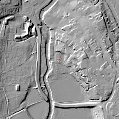 Shaded relief map of the ground around SN153GX, computed from Environment Agency LiDAR. The ground here sits at about 45 m above sea level and falls 24 m across the surrounding 800 m. Surface water reaching this point runs off ground lying to the east, 15.9 m higher.